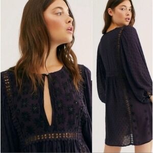 Free People Charlotte Plum Tunic Large - Embroidered, Dot Jacquard, Boho